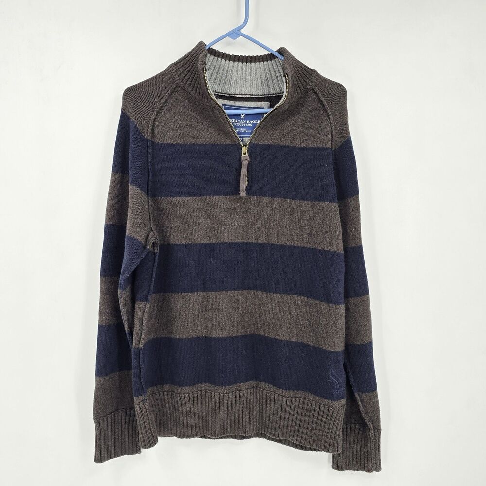 American Eagle Mens Heavy Knit LS 1/4 Zip Navy Stripe Sweater XL Preppy Academia